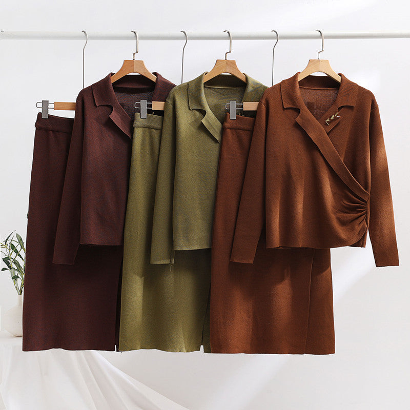 Damen elegantes Strickensemble mit Wickeloberteil und raffinierter hoher Taillierung Drune