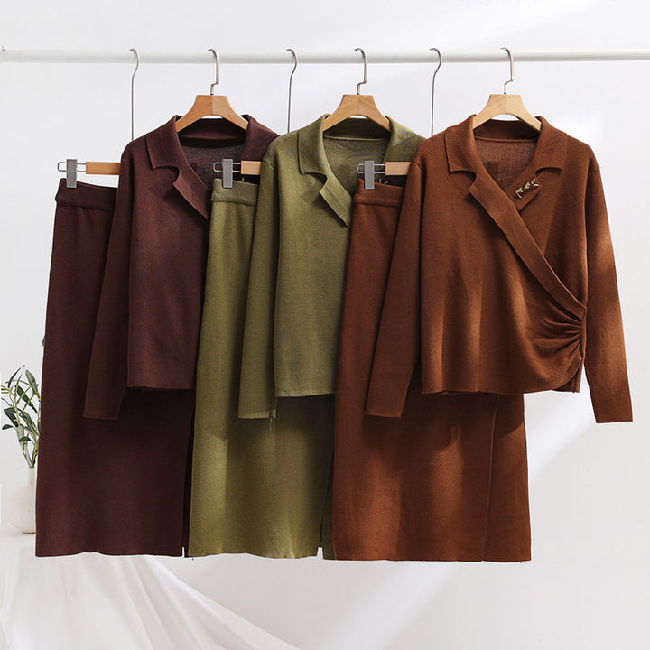 Damen elegantes Strickensemble mit Wickeloberteil und raffinierter hoher Taillierung Drune