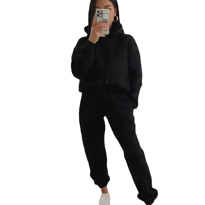 Damen sportliches Fleece-Joggingset mit Kapuze und elastischem Bund Drune