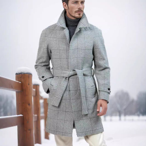 Herren eleganter Trenchcoat mit modernem Karomuster und Taillengürtel Drune