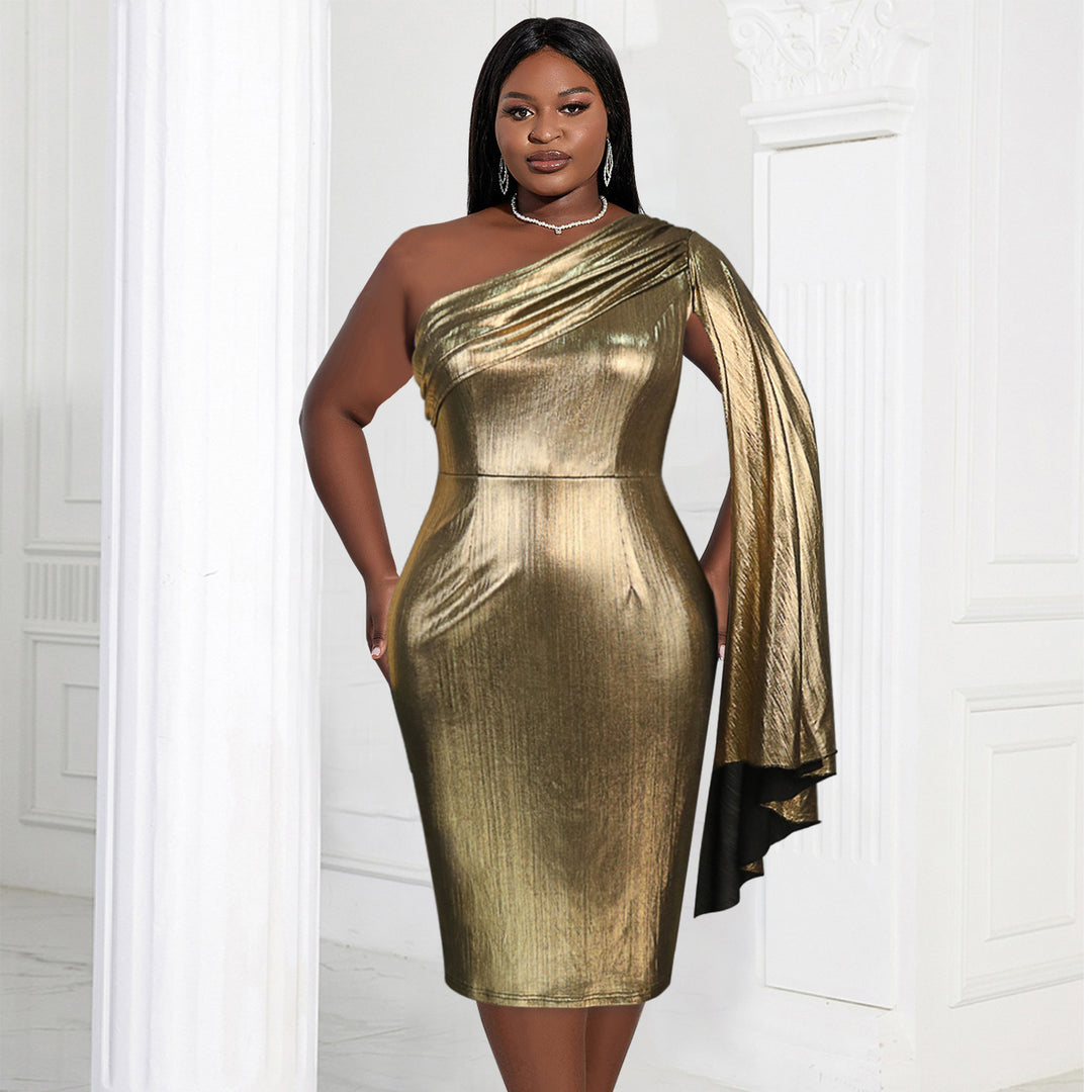 Damen Glamouröses One-Shoulder Abendkleid mit schimmerndem Stoff Drune