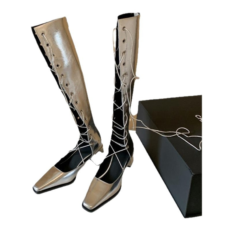 Damen kniehohe Schnürstiefel mit minimalistischer Silhouette, verdecktem Reißverschluss und ergonomischem Blockabsatz Drune