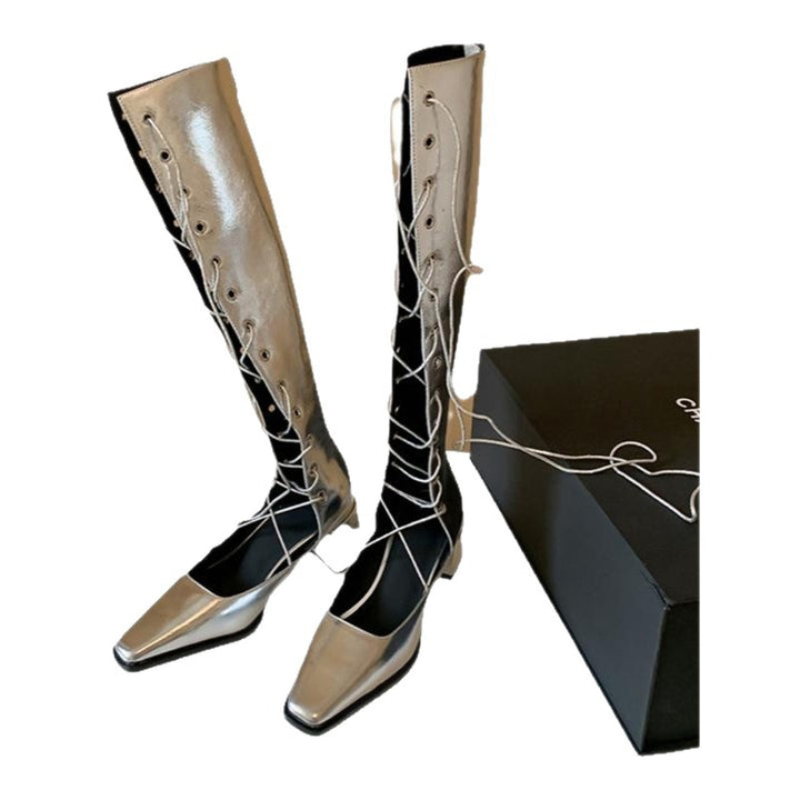 Damen kniehohe Schnürstiefel mit minimalistischer Silhouette, verdecktem Reißverschluss und ergonomischem Blockabsatz Drune