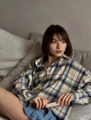 Damen Karo Oversize Flanellhemd Bluse mit Druckknopfblende und Hemdkragen Drune