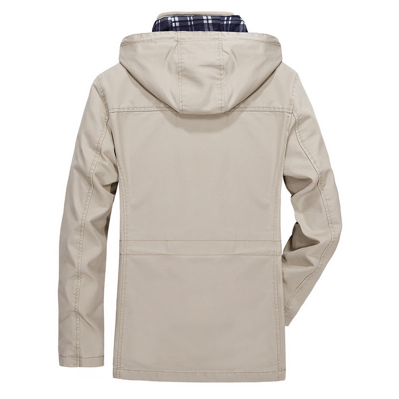 Herren leichter Fieldparka mit Kapuze, kariertem Innenfutter und Taillenkordel Drune