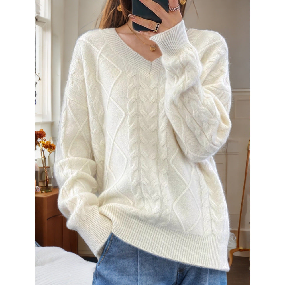 Damen nan kuscheliger V-Ausschnitt Zopfmuster-Pullover mit Oversize-Schnitt und Rippabschlüssen Drune