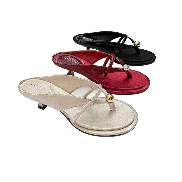 Damen Elegante Mule‑Sandalette mit Zehenring, filigranen Riemchen und sculpted Kitten‑Absatz Drune