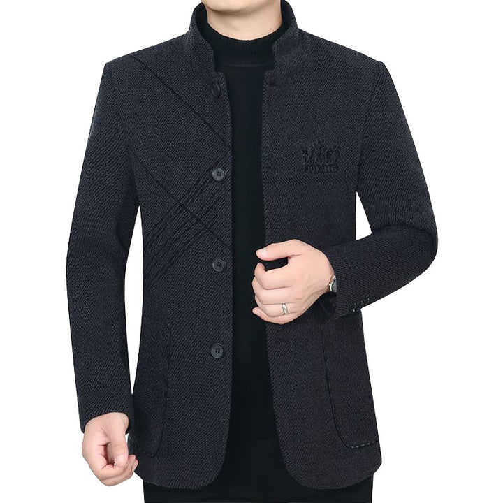 Herren Stehkragen-Mantel aus strukturierter Wollmischung mit schmaler Silhouette Drune