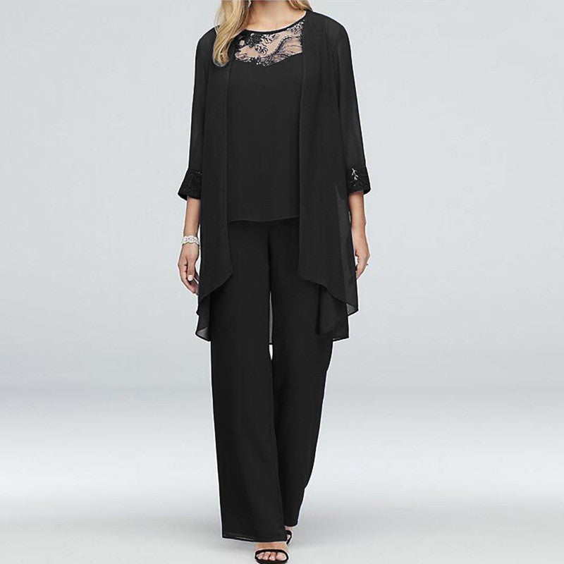 Damen nan fließendes Chiffon-Abendensemble mit Spitzenbesatz, Kimono-Cardigan und weiter Palazzohose Drune
