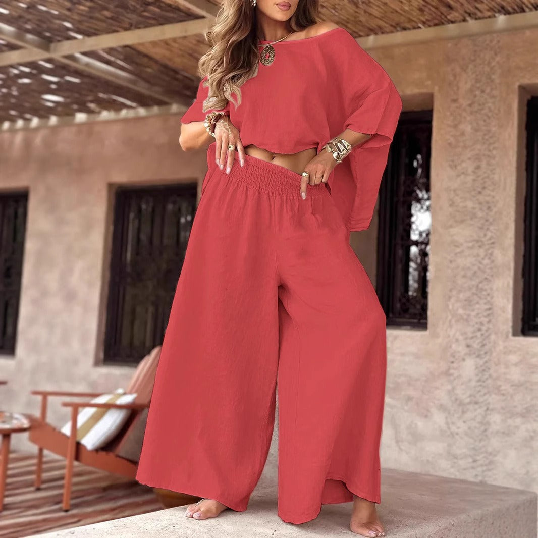 Damen Leichter Leinen-Zweiteiler mit Cropped Oversize-Top und Smokbund-Palazzohose Drune