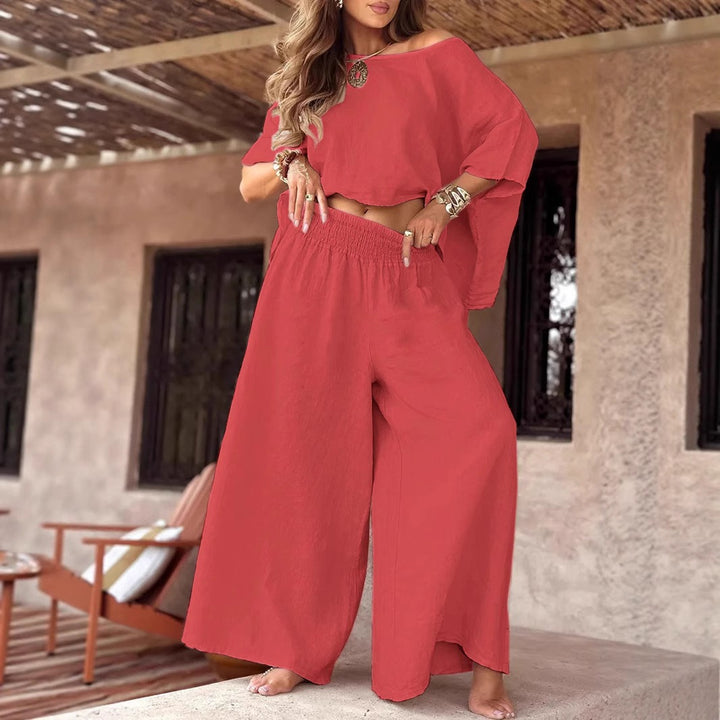 Damen Leinen-Set mit Cropped Oversize-Top und hohem elastischem Bund Palazzohose Drune
