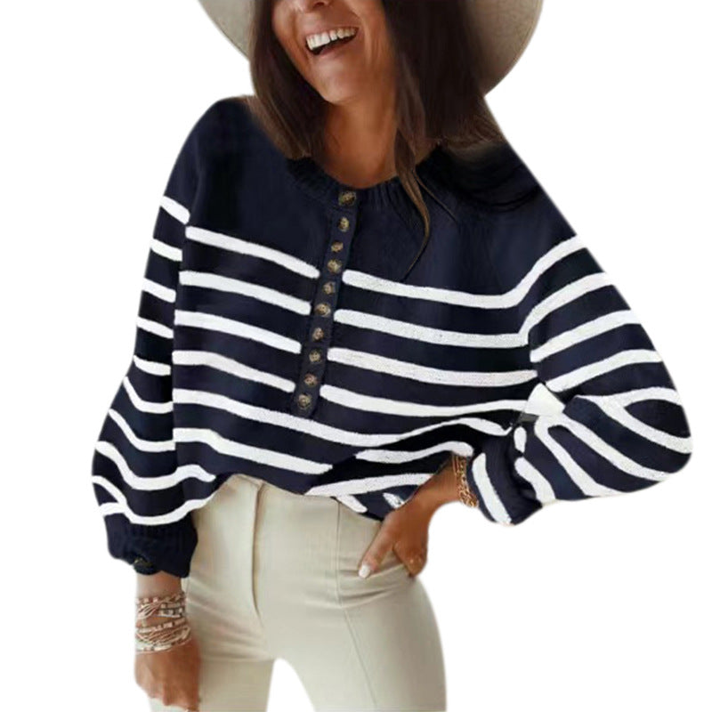 Damen gestreifter Pullover mit Knopfleiste Drune