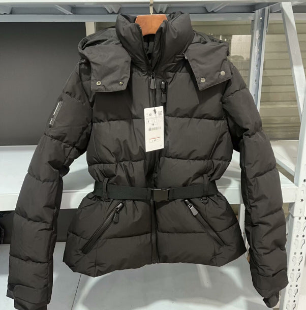 Damen warme Steppjacke mit abnehmbarer Kapuze und Taillengürtel Drune