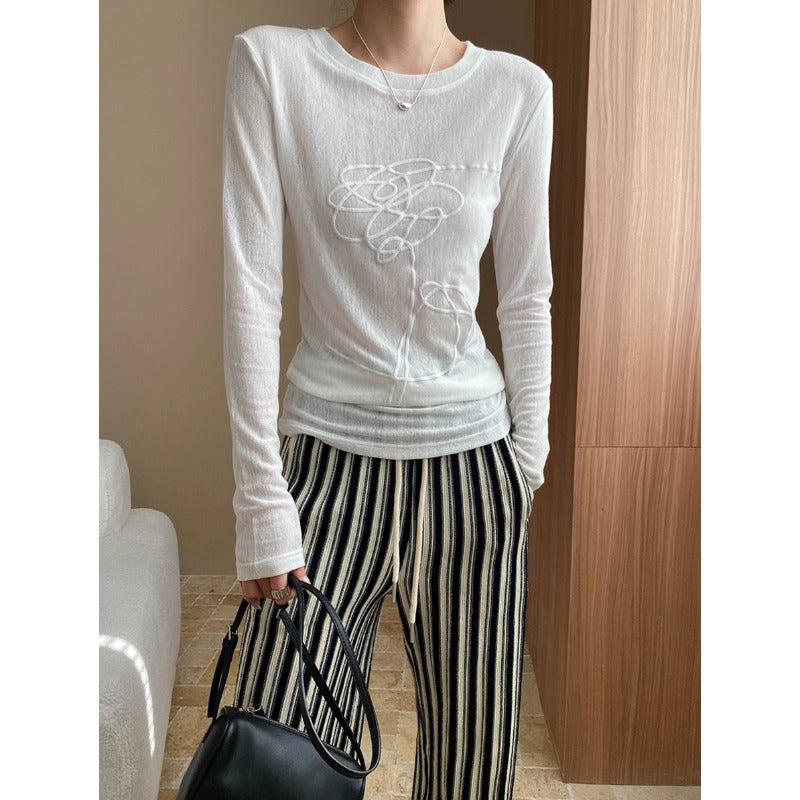 Damen elegantes longsleeve Oberteil mit floralem Druck und strukturiertem Gewebe Drune