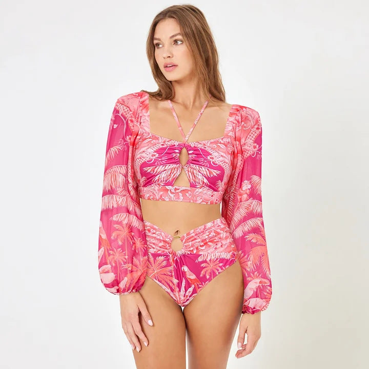 Damen Bikiniset mit transparentem Puffärmel und geflochtenem Detail Drune