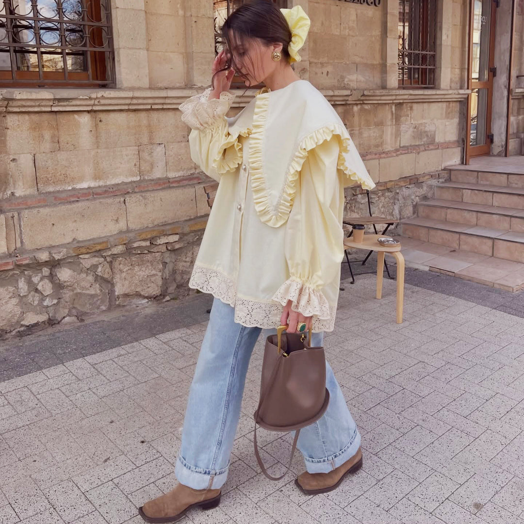 Damen Oversize Bluse mit Rüschendetails und Spitzenbesatz Drune