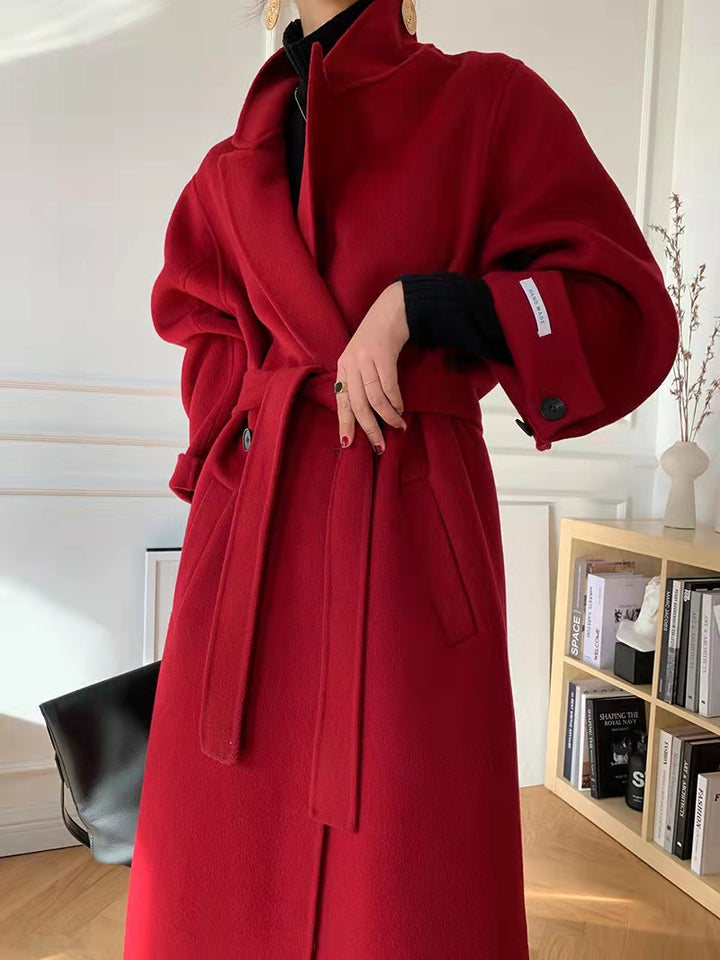Damen Langer Wollmix‑Mantel mit Bindegürtel und Ballonärmeln Drune