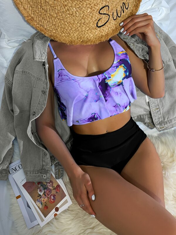 Damen Sportlicher Bikini mit floralen Rüschen Drune