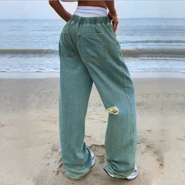 Damen Weite Vintage-Denim-Hose mit elastischem Tunnelzugbund und bodenlangem Baggy-Schnitt Drune