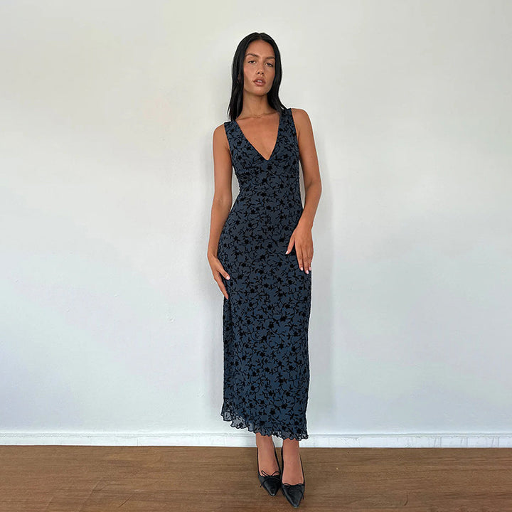 Damen Maxikleid mit floralem Spitzenmuster und tiefem V-Ausschnitt Drune