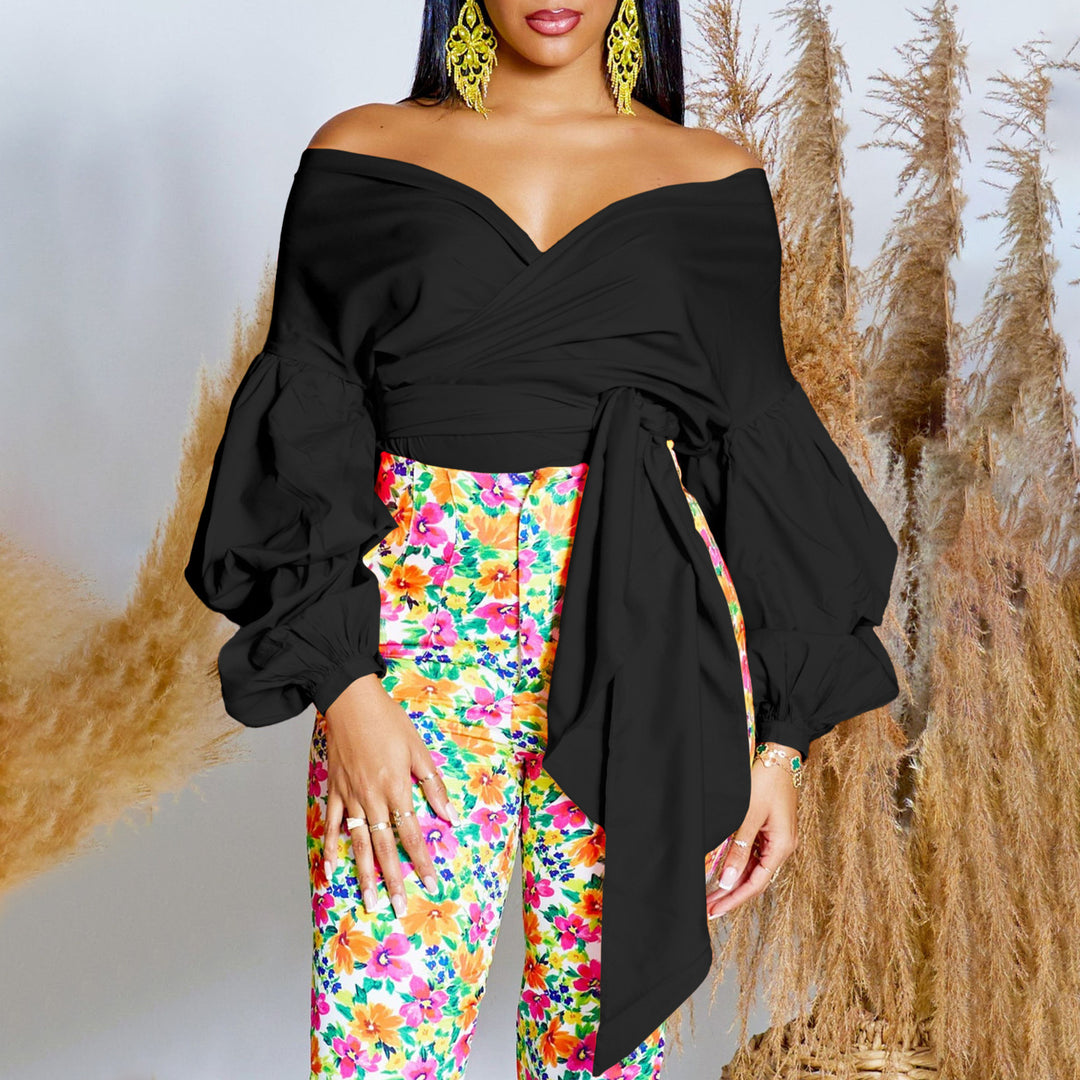 Damen Wickelbluse mit voluminösen Ärmeln und elegantem Taillengürtel Drune