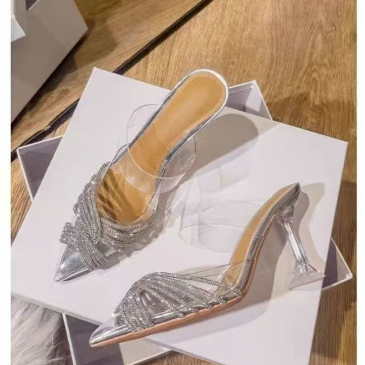 Damen Spitz zulaufende Mule‑Sandaletten mit transparenten Riemchen, Ziersteinen und geformtem Stiletto Drune