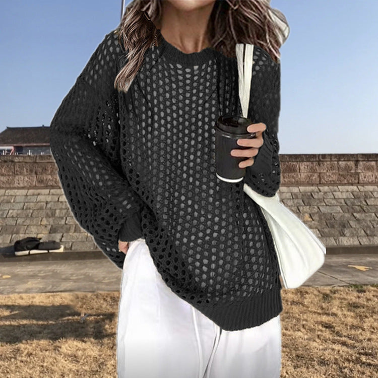 Damen luftiger Strickpullover mit Lochmuster und weitem Schnitt Drune