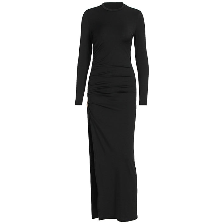 Damen elegantes, figurbetontes Kleid mit Raffungen und hohem Schlitz Drune