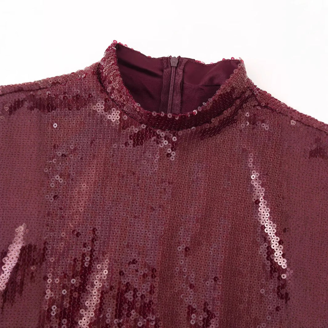 Damen nan festliches Maxikleid mit Paillettenoberteil, Stehkragen, langen Ärmeln und gerafftem Taillenrock Drune