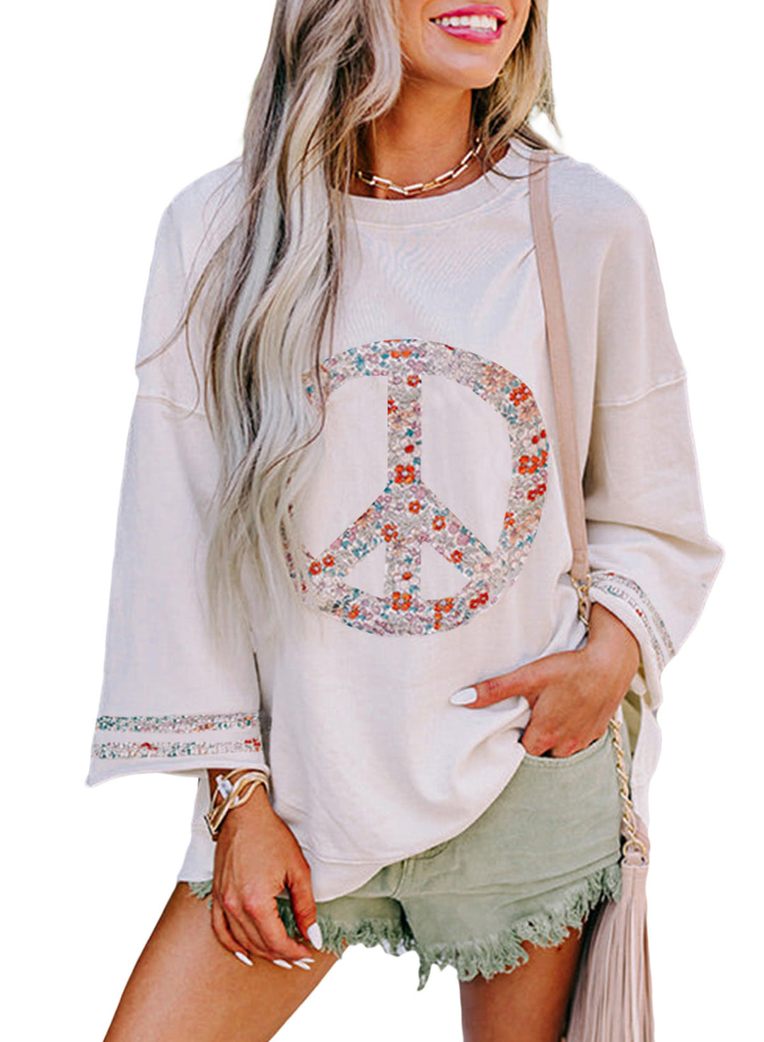 Damen Sweatshirt mit Floralem Peace-Zeichen Drune
