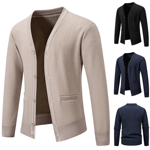 Herren Texturierter V-Ausschnitt Strickcardigan mit Knopfleiste und Eingrifftaschen Drune
