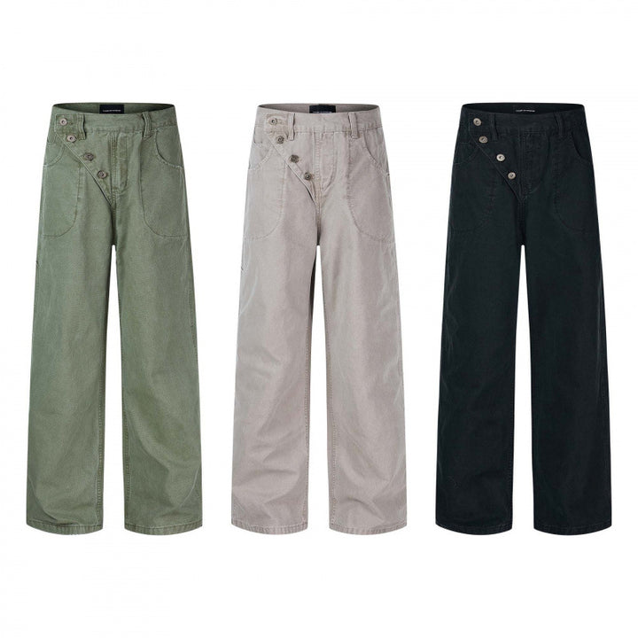 Damen Weite High-Waist-Hose mit asymmetrischer Knopfblende und aufgesetzten Taschen Drune