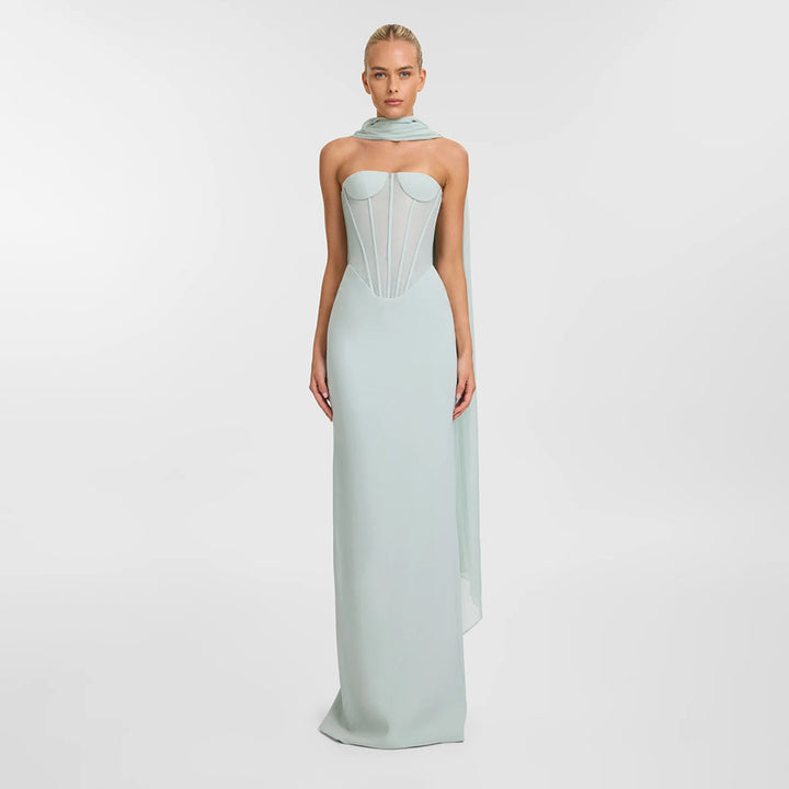 Damen Körpernahes Maxikleid mit eleganter Drapierung und innovativem Rückendesign Drune
