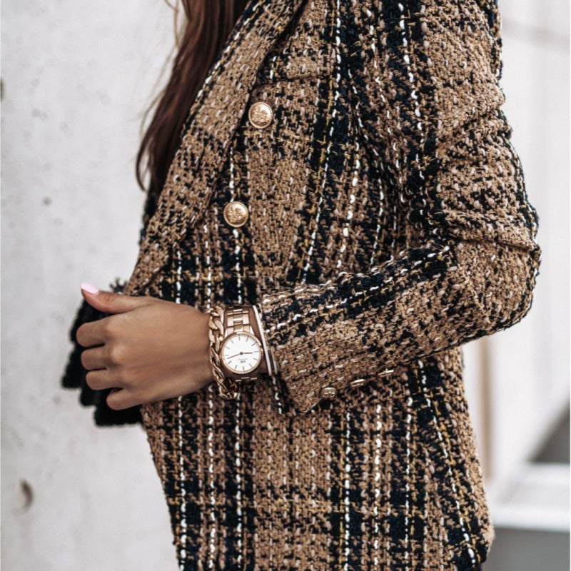 Damen Karierter Blazer mit goldenen Knöpfen und strukturiertem Gewebe Drune