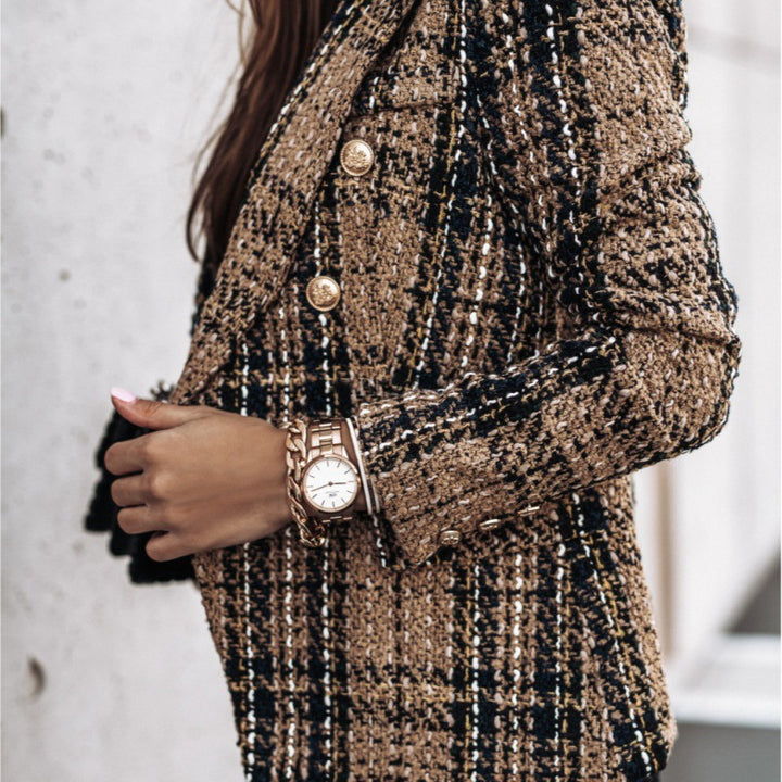 Damen Karierter Blazer mit goldenen Knöpfen und strukturiertem Gewebe Drune