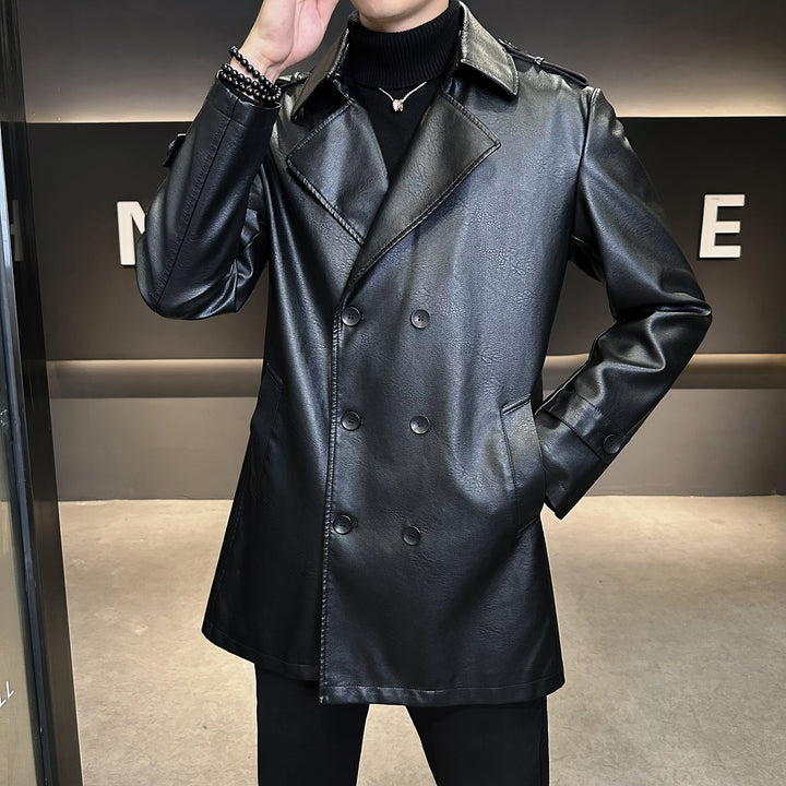 Herren Doppelreihiger Kunstleder-Trenchcoat mit markantem Revers Drune