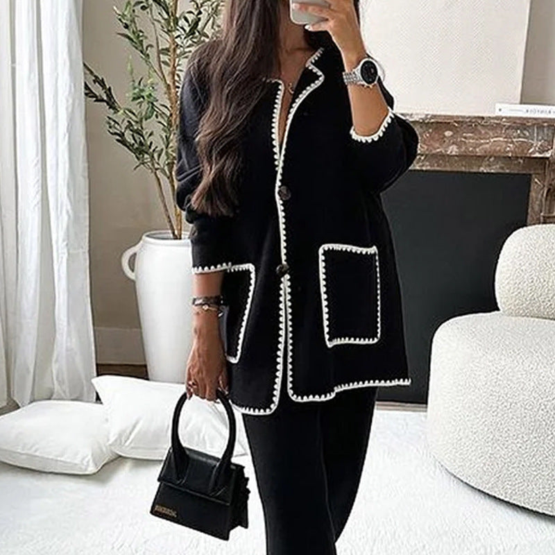 Damen Longline-Strickset mit kontrastbesetzter Strickjacke und weitem Palazzo-Hosen Drune