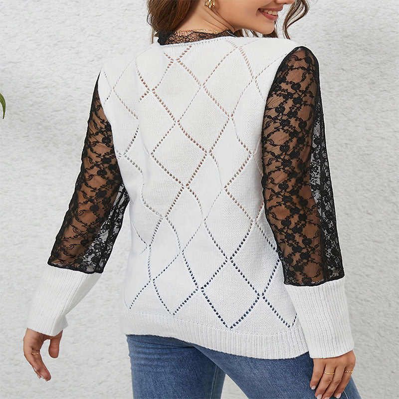 Damen Strickpullover mit eleganten Spitzenärmeln und rautenförmigem Muster Drune