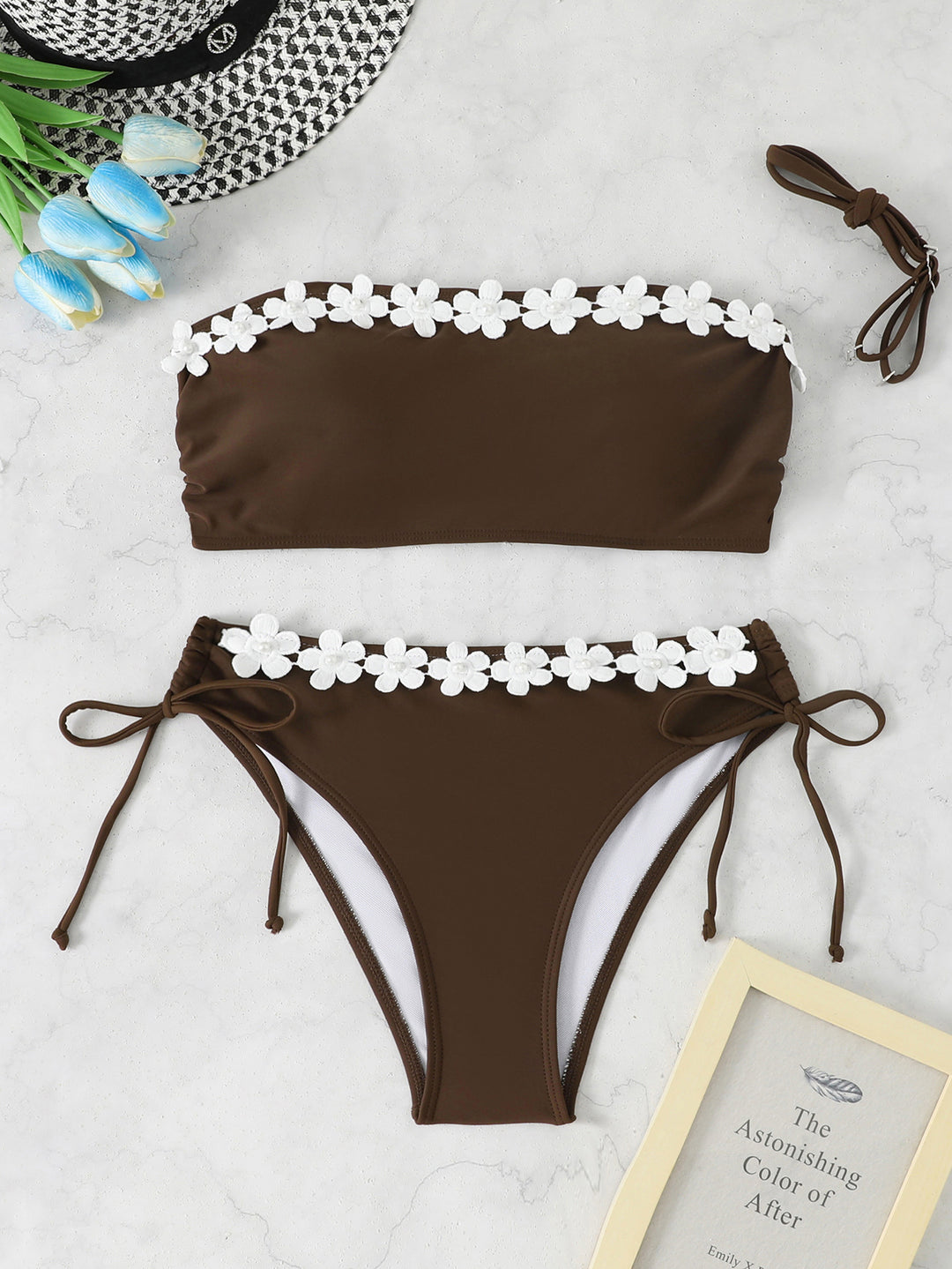 Damen Bandeau Bikini mit Blumenbordüre Drune