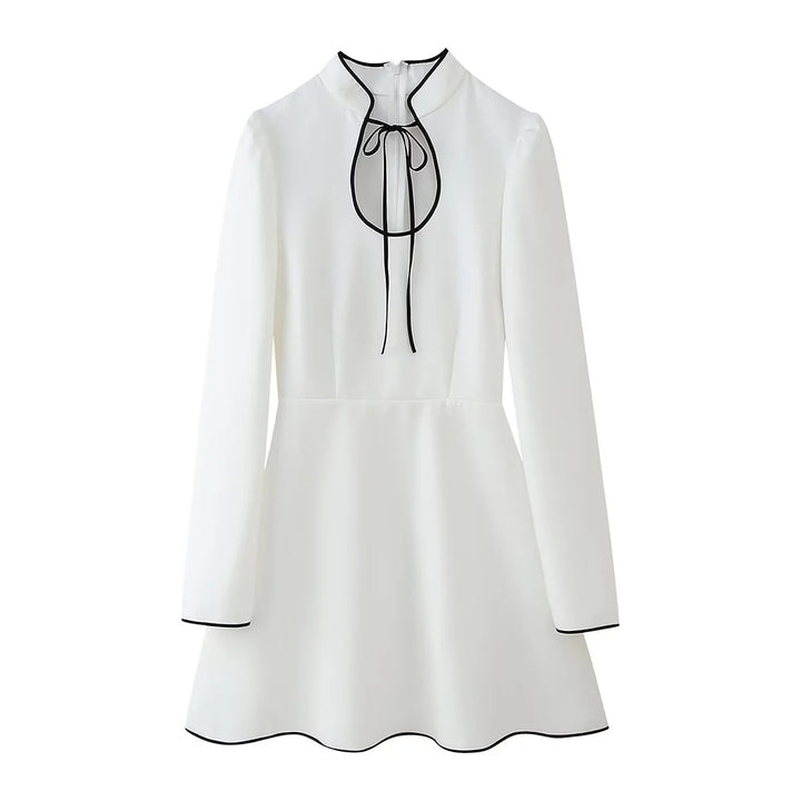 Damen nan tailliertes A-Linienkleid mit Stehkragen, Schleifendetail und kontrastpaspel Drune