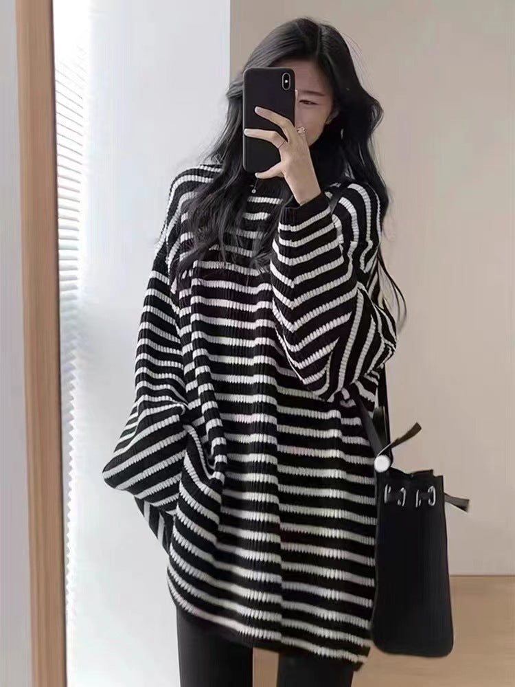 Damen Oversize Strick-Longpullover mit horizontaler Streifenstruktur Drune