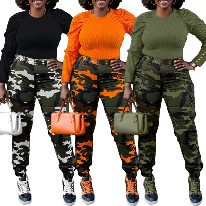 Damen Cargo-Hose mit Camouflage-Muster und hohem Bund Drune