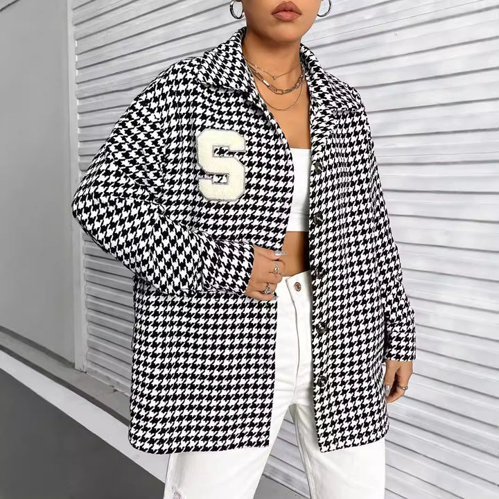 Damen Oversized Hemdbluse im Hahnentritt-Design mit Patch Drune