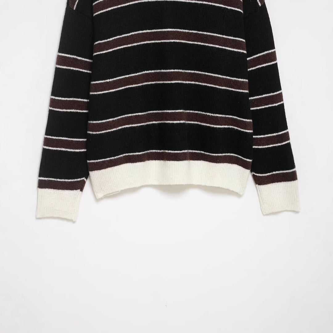 Damen Gestreifter Polokragen-Pullover aus weichem Strukturstrick mit Knopfleiste Drune