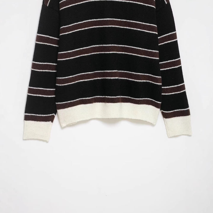 Damen Gestreifter Polokragen-Pullover aus weichem Strukturstrick mit Knopfleiste Drune