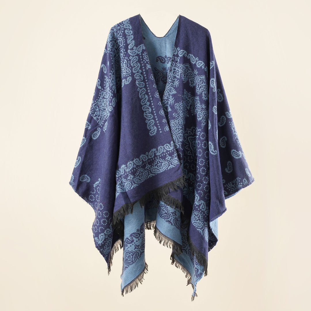 Damen Jacquard-Umhangponcho mit Paisley-Muster und Fransen Drune