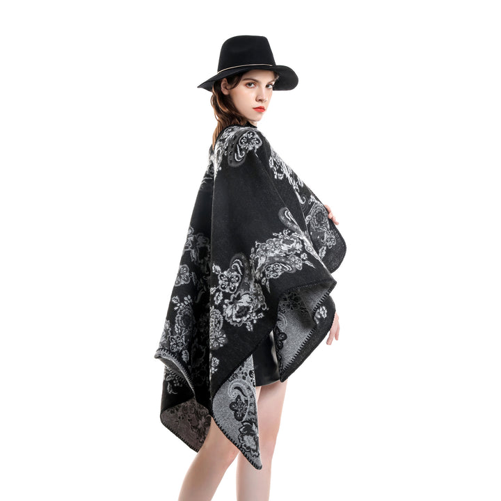 Damen Reversibler Strick-Umhang mit floraler Jacquard‑Webung und Zierkettelnaht Drune