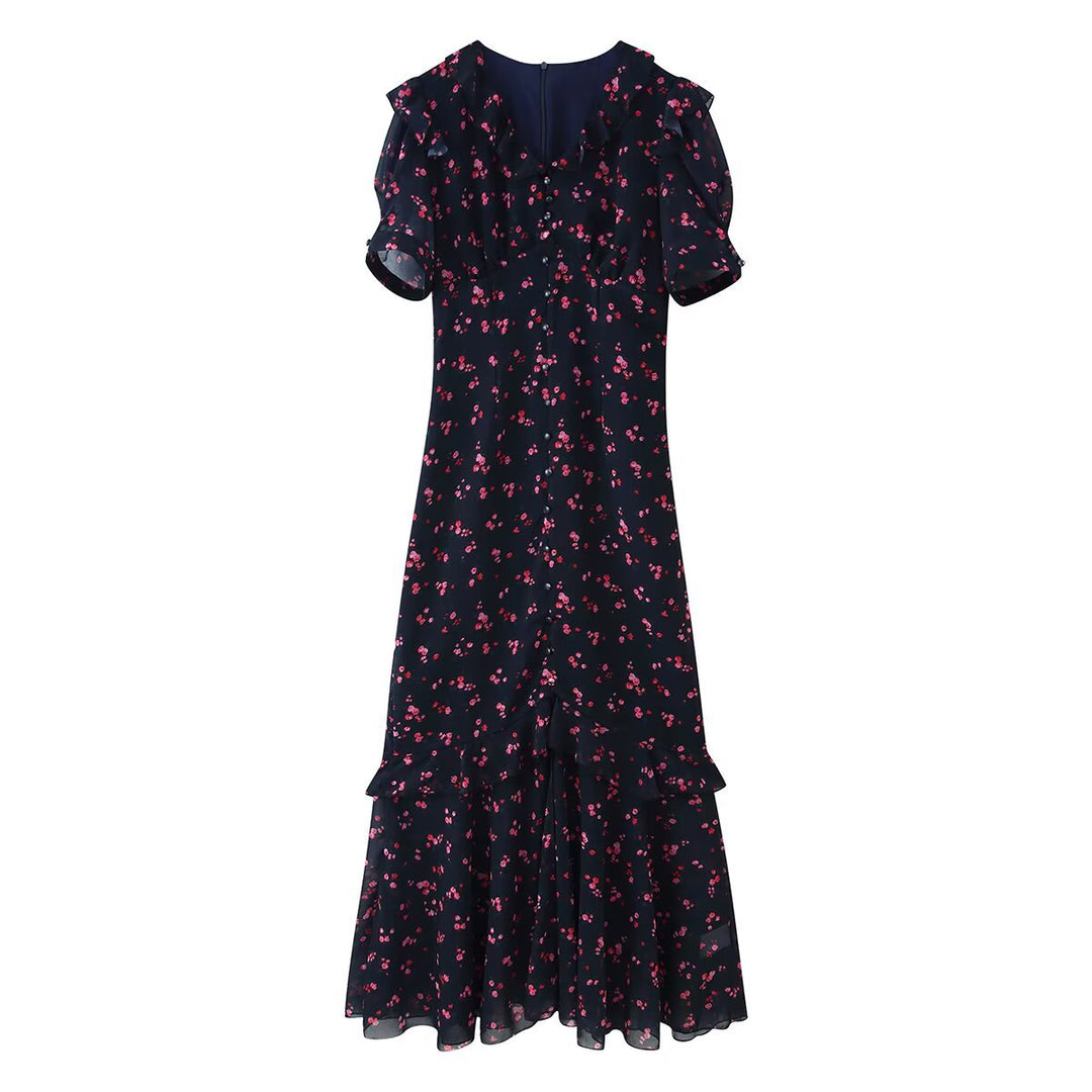 Damen Maxikleid mit Volants, V-Ausschnitt und floralem Chiffon-Look Drune