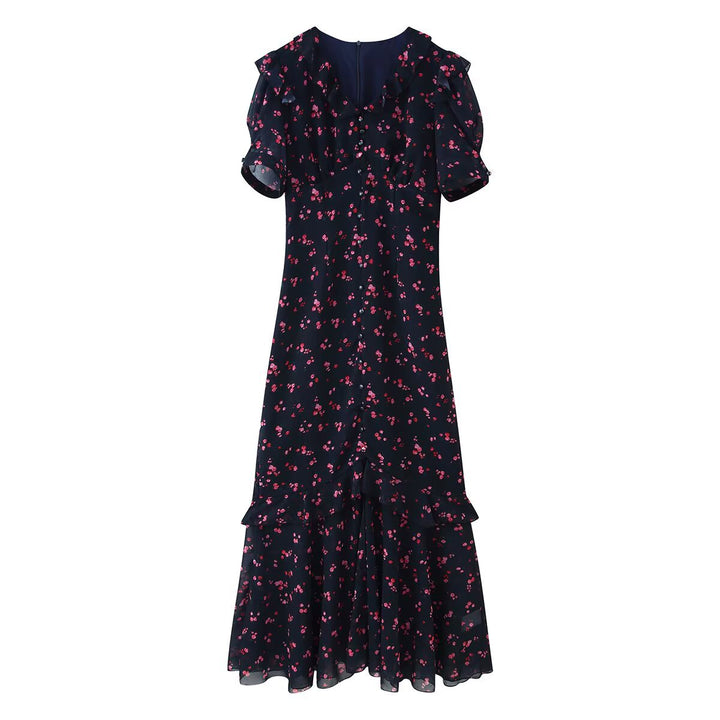 Damen Maxikleid mit Volants, V-Ausschnitt und floralem Chiffon-Look Drune