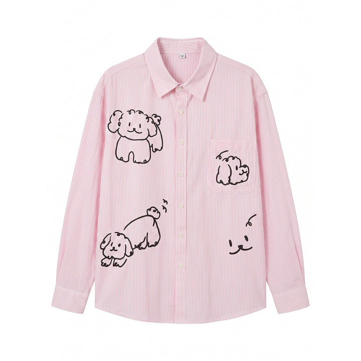 Damen Gestreifte Oversize-Hemdbluse mit Hundedoodle-Prints und Brusttasche Drune